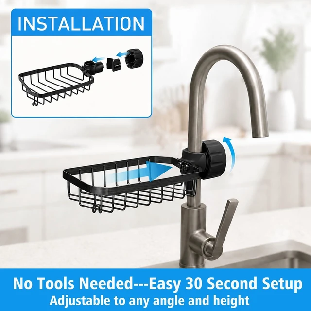 Alt view image 6 of 7 - Kitchen Sink Sponge Holder over Faucet Caddy Organizer for Round Faucet | Kitchen Sink Organizer, Rustproof Sponge Storage, Adjustable Sink Caddy(Black)