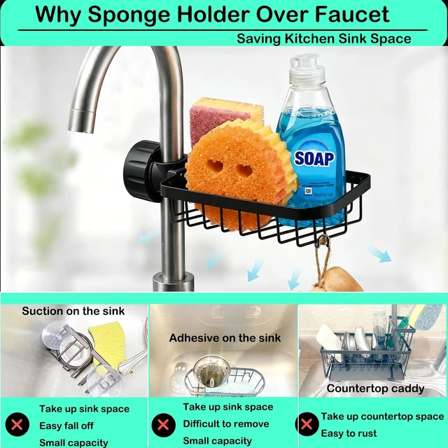 Alt view image 7 of 7 - Kitchen Sink Sponge Holder over Faucet Caddy Organizer for Round Faucet | Kitchen Sink Organizer, Rustproof Sponge Storage, Adjustable Sink Caddy(Black)