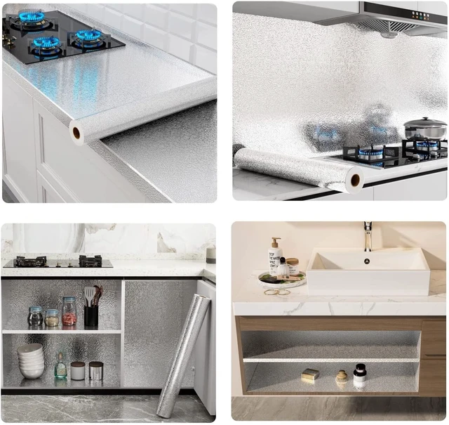 Alt view image 4 of 7 - Kitchen Oil Proof Sticker Aluminum Foil Self-Adhesive Contact Paper | Backsplash Peel and Stick Wallpaper Silver Countertop Cabinet Liner Shelf Liner Waterproof Heat Resistant (15.7X197 Inches)