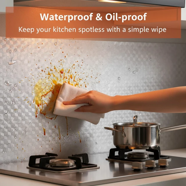 Alt view image 3 of 7 - Stove Wall Protector Stove Backsplash Protector for Wall Peel and Stick Backsplash Kitchen Wallpaper Oil Proof Sticker Aluminum Self Adhesive Cabinet Cupboard Liner for Walls (15.7 X 118.1 Inch)