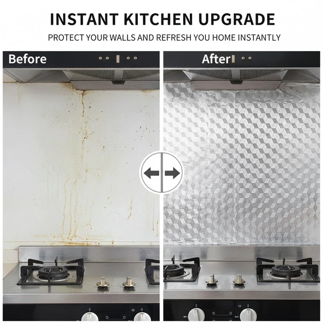 Alt view image 6 of 7 - Stove Wall Protector Stove Backsplash Protector for Wall Peel and Stick Backsplash Kitchen Wallpaper Oil Proof Sticker Aluminum Self Adhesive Cabinet Cupboard Liner for Walls (15.7 X 118.1 Inch)