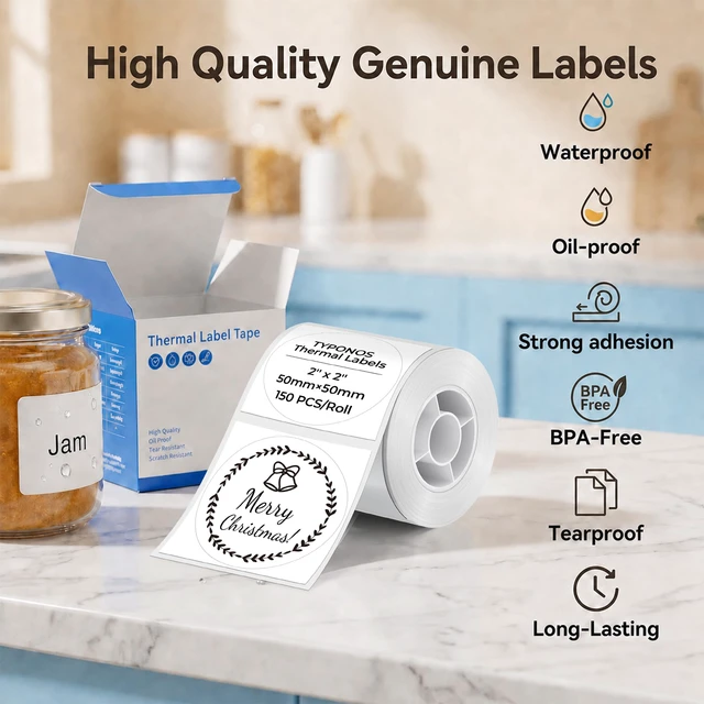 Alt view image 4 of 7 - Genuine Thermal Circle Labels for PM240, 2" x 2", White | 50x50mm, 150 PCS/Roll, Waterproof, Self-Adhesive, Oil-Proof, Auto Detect, Custom Stickers for Business School Home Office
