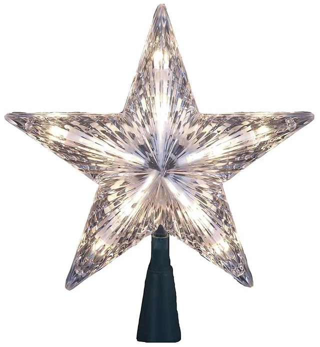 Main image of Star Treetop 10-Light Set, 7-Inch, Clear | Multifaceted Clear Finish, 10 Clear Lights, 5-Point Star Design, 30in Lead Wire, Cone Base, Spare Bulbs & Fuse
