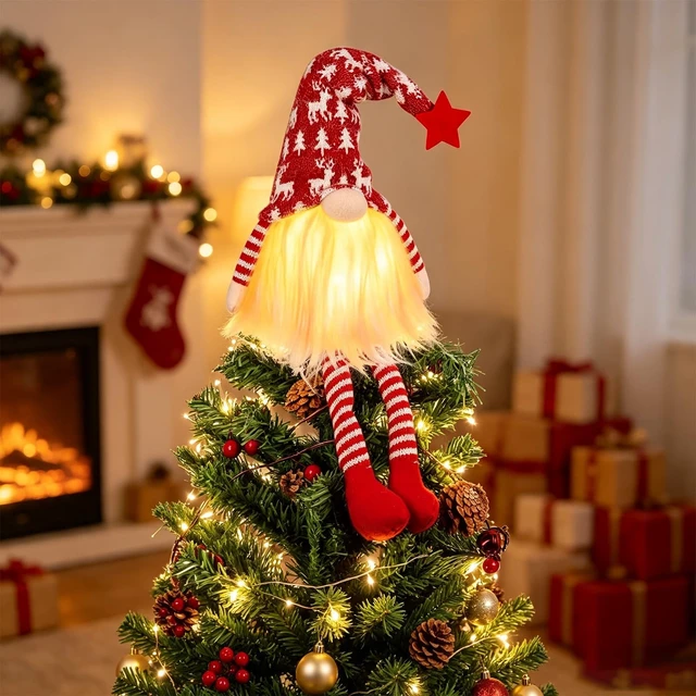 Alt view image 5 of 7 - Christmas Tree Topper Lighted,Gnomes Decor 24In Gnome Handmade Tree Topper | Plush gnome tree topper Battery Operated Decoration, perfect for Christmas tree tops, holiday decor & festive home accents