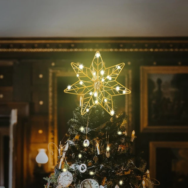 Alt view image 2 of 7 - Christmas Tree Topper, Gold Glittered Hollow 7-Point Star Tree Topper, Lighted Wire Star with 20 LED Lights for Christmas Treetop, Xmas Tree Topper with Timer, Christmas Tree Decorations