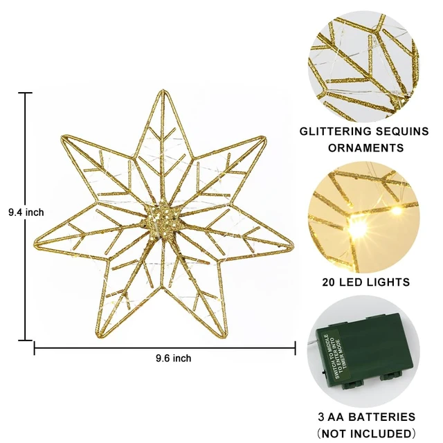 Alt view image 3 of 7 - Christmas Tree Topper, Gold Glittered Hollow 7-Point Star Tree Topper, Lighted Wire Star with 20 LED Lights for Christmas Treetop, Xmas Tree Topper with Timer, Christmas Tree Decorations