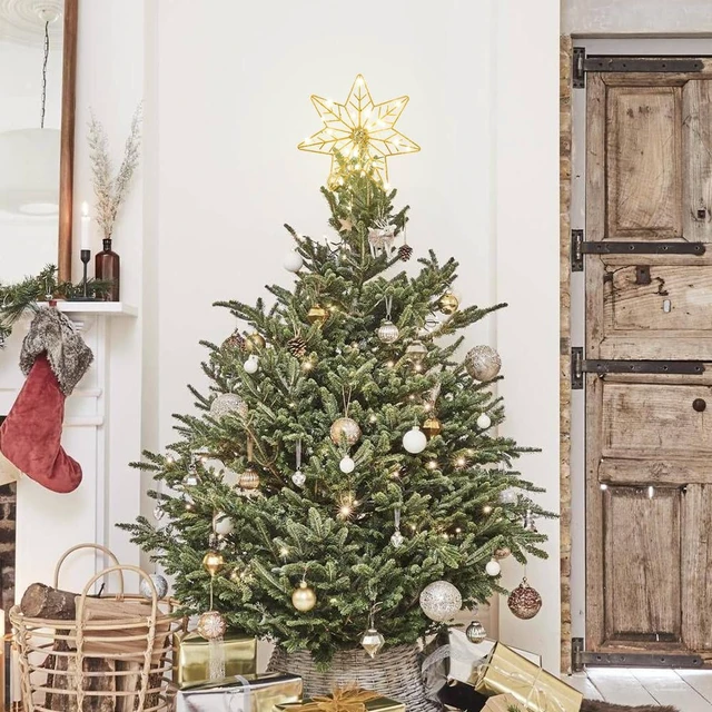 Alt view image 7 of 7 - Christmas Tree Topper, Gold Glittered Hollow 7-Point Star Tree Topper, Lighted Wire Star with 20 LED Lights for Christmas Treetop, Xmas Tree Topper with Timer, Christmas Tree Decorations