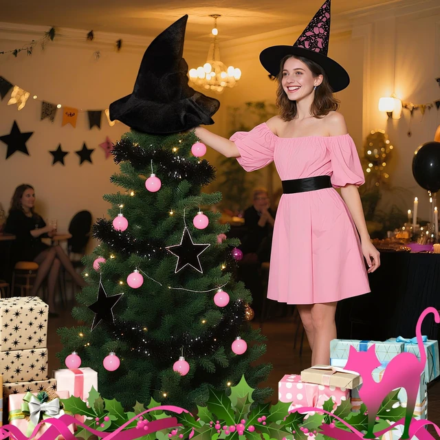 Alt view image 7 of 7 - Halloween Witch Hat Tree Topper Decorations Halloween Tree Ornaments | Black Magical Wizard Hat Tree Decor, Ruffle Design, Smooth Fabric for Tree Holiday Cosplay Party Supplies Costume Accessory