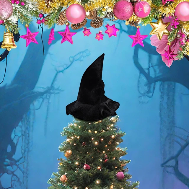 Alt view image 6 of 7 - Halloween Witch Hat Tree Topper Decorations Halloween Tree Ornaments | Black Magical Wizard Hat Tree Decor, Ruffle Design, Smooth Fabric for Tree Holiday Cosplay Party Supplies Costume Accessory