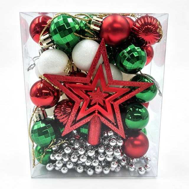 Main image of 34ct Red Green White Mini Christmas Baubles for Tabletop Tree Decor | Shatterproof Xmas Ball Ornaments with Star Tree Topper Bead Garland,Pre-Strung for Table Centerpieces,Wreath, Holiday Decor