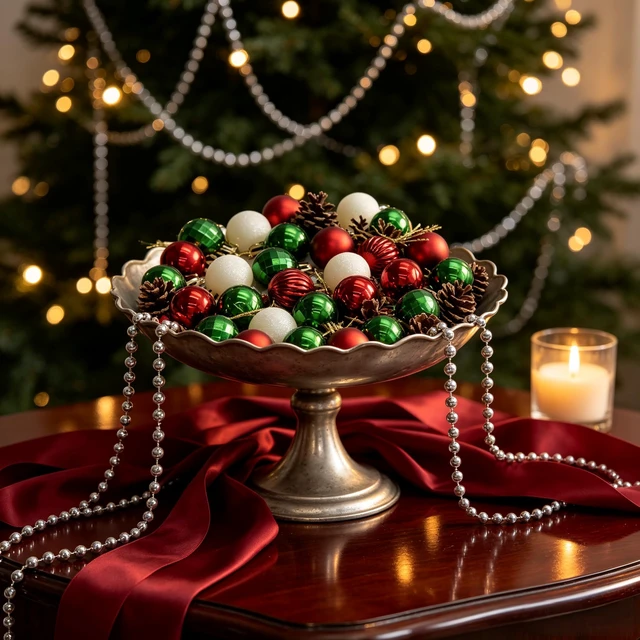 Alt view image 2 of 6 - 34ct Red Green White Mini Christmas Baubles for Tabletop Tree Decor | Shatterproof Xmas Ball Ornaments with Star Tree Topper Bead Garland,Pre-Strung for Table Centerpieces,Wreath, Holiday Decor