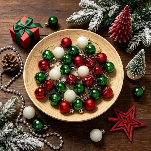 Alt view image 4 of 6 - 34ct Red Green White Mini Christmas Baubles for Tabletop Tree Decor | Shatterproof Xmas Ball Ornaments with Star Tree Topper Bead Garland,Pre-Strung for Table Centerpieces,Wreath, Holiday Decor
