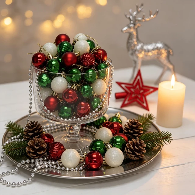Alt view image 5 of 6 - 34ct Red Green White Mini Christmas Baubles for Tabletop Tree Decor | Shatterproof Xmas Ball Ornaments with Star Tree Topper Bead Garland,Pre-Strung for Table Centerpieces,Wreath, Holiday Decor