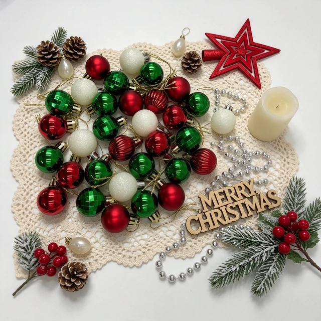 Alt view image 6 of 6 - 34ct Red Green White Mini Christmas Baubles for Tabletop Tree Decor | Shatterproof Xmas Ball Ornaments with Star Tree Topper Bead Garland,Pre-Strung for Table Centerpieces,Wreath, Holiday Decor