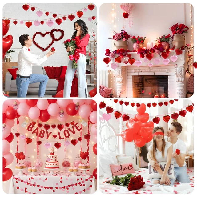 Alt view image 3 of 7 - Red Valentines Heart Shaped Ornaments Christmas Heart Baubles Hanging Decor | 3 Different Finishes Red Glitter Heart Ornaments Valentines Day Heart String Ornament for Mother's Day Anniversary Wedding