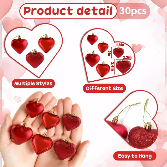 Alt view image 6 of 7 - Red Valentines Heart Shaped Ornaments Christmas Heart Baubles Hanging Decor | 3 Different Finishes Red Glitter Heart Ornaments Valentines Day Heart String Ornament for Mother's Day Anniversary Wedding