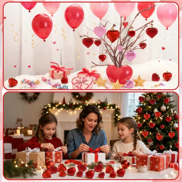 Alt view image 7 of 7 - Red Valentines Heart Shaped Ornaments Christmas Heart Baubles Hanging Decor | 3 Different Finishes Red Glitter Heart Ornaments Valentines Day Heart String Ornament for Mother's Day Anniversary Wedding
