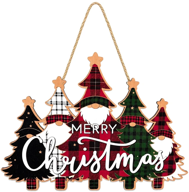 Main image of Christmas Decorations - Merry Christmas Wooden Wreath Sign for Front Door | Buffalo Plaid Xmas Tree Hanging Door Sign For Indoor Outdoor Decor - Christmas Party Supplies for Home Porch Wall Decor