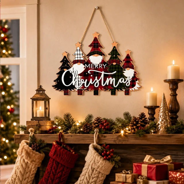 Alt view image 2 of 7 - Christmas Decorations - Merry Christmas Wooden Wreath Sign for Front Door | Buffalo Plaid Xmas Tree Hanging Door Sign For Indoor Outdoor Decor - Christmas Party Supplies for Home Porch Wall Decor