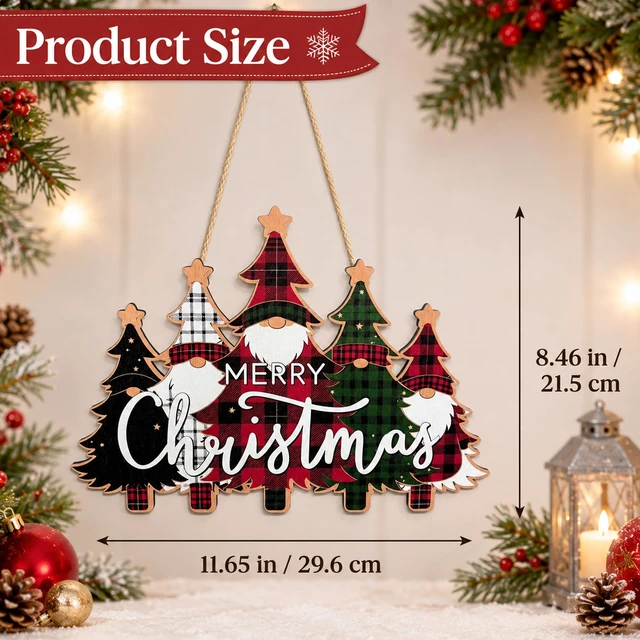 Alt view image 3 of 7 - Christmas Decorations - Merry Christmas Wooden Wreath Sign for Front Door | Buffalo Plaid Xmas Tree Hanging Door Sign For Indoor Outdoor Decor - Christmas Party Supplies for Home Porch Wall Decor