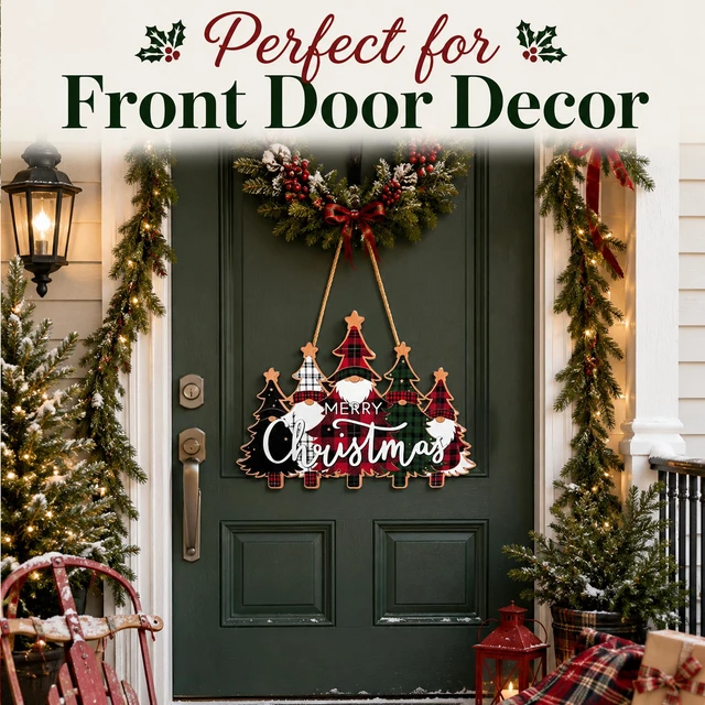 Alt view image 5 of 7 - Christmas Decorations - Merry Christmas Wooden Wreath Sign for Front Door | Buffalo Plaid Xmas Tree Hanging Door Sign For Indoor Outdoor Decor - Christmas Party Supplies for Home Porch Wall Decor