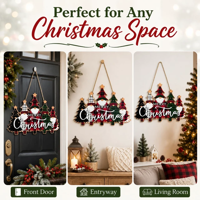 Alt view image 6 of 7 - Christmas Decorations - Merry Christmas Wooden Wreath Sign for Front Door | Buffalo Plaid Xmas Tree Hanging Door Sign For Indoor Outdoor Decor - Christmas Party Supplies for Home Porch Wall Decor