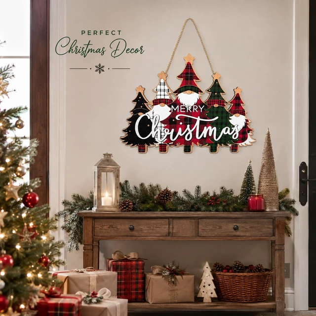 Alt view image 7 of 7 - Christmas Decorations - Merry Christmas Wooden Wreath Sign for Front Door | Buffalo Plaid Xmas Tree Hanging Door Sign For Indoor Outdoor Decor - Christmas Party Supplies for Home Porch Wall Decor