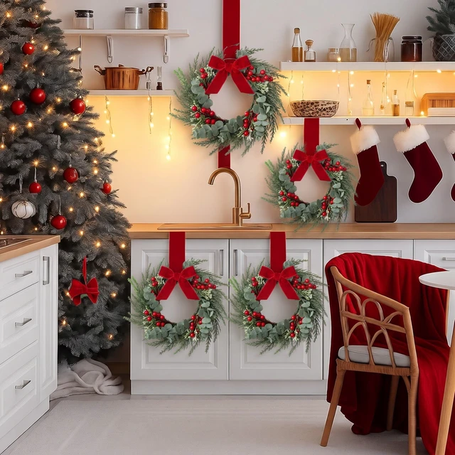 Alt view image 2 of 7 - 4 Pcs 8" Small Christmas Wreaths for Kitchen Cabinet with Ribbon | 8 Inch Mini Wreath, Christmas Mini Cabinet Wreaths, Red Ribbon Simple Style, Ideal for Windows, Weddings Table Centerpieces