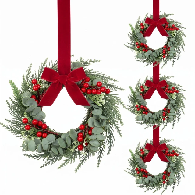 Main image of 4 Pcs 8" Small Christmas Wreaths for Kitchen Cabinet with Ribbon | 8 Inch Mini Wreath, Christmas Mini Cabinet Wreaths, Red Ribbon Simple Style, Ideal for Windows, Weddings Table Centerpieces