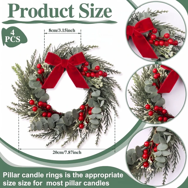 Alt view image 4 of 7 - 4 Pcs 8" Small Christmas Wreaths for Kitchen Cabinet with Ribbon | 8 Inch Mini Wreath, Christmas Mini Cabinet Wreaths, Red Ribbon Simple Style, Ideal for Windows, Weddings Table Centerpieces