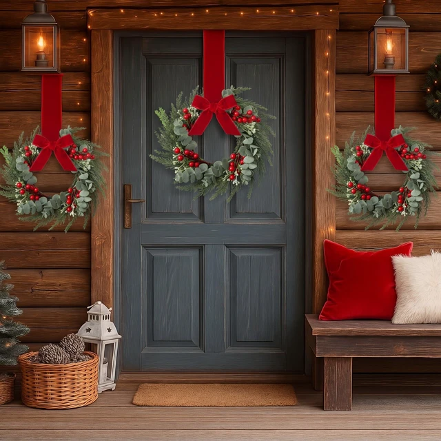Alt view image 7 of 7 - 4 Pcs 8" Small Christmas Wreaths for Kitchen Cabinet with Ribbon | 8 Inch Mini Wreath, Christmas Mini Cabinet Wreaths, Red Ribbon Simple Style, Ideal for Windows, Weddings Table Centerpieces