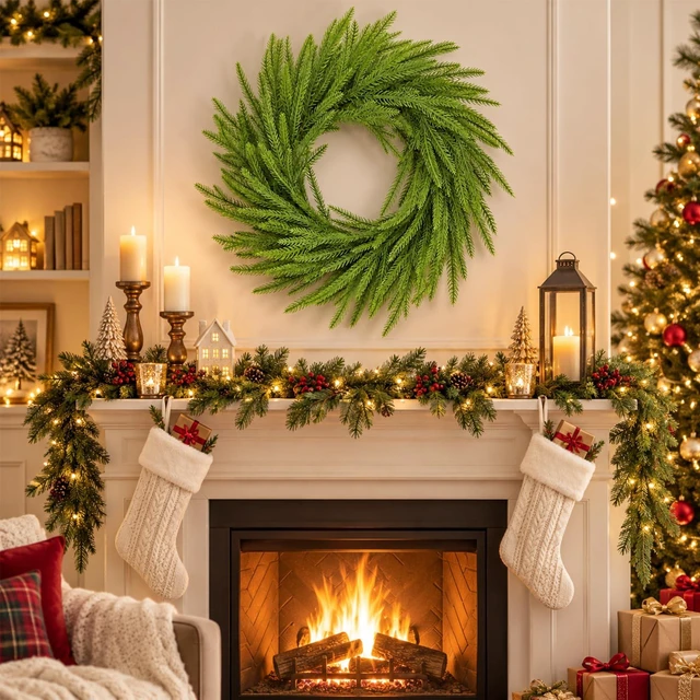 Main image of Christmas Wreath, Realistic Pine Greenery for Front Door Decor | Layered Faux Pine Branches Bring a Full, Natural Look to Front Doors, Walls, Windows, Mantels, Entryways and Holiday Displays