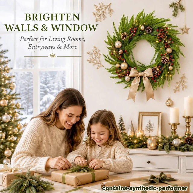 Alt view image 2 of 7 - Christmas Wreath, Realistic Pine Greenery for Front Door Decor | Layered Faux Pine Branches Bring a Full, Natural Look to Front Doors, Walls, Windows, Mantels, Entryways and Holiday Displays