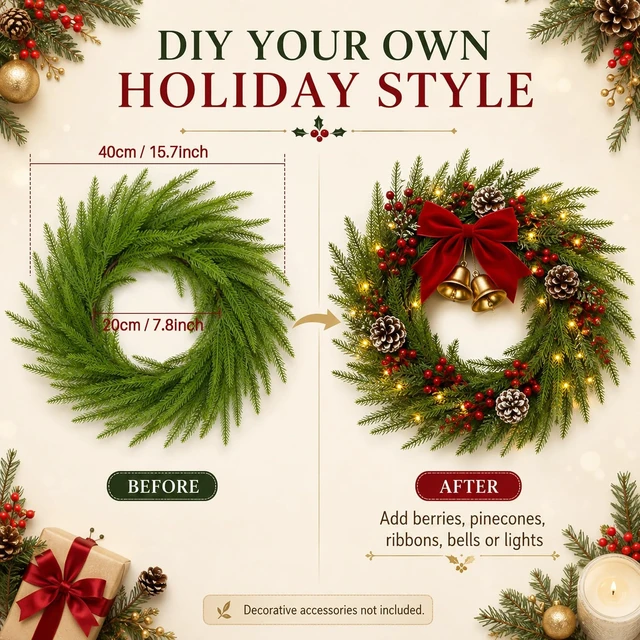 Alt view image 4 of 7 - Christmas Wreath, Realistic Pine Greenery for Front Door Decor | Layered Faux Pine Branches Bring a Full, Natural Look to Front Doors, Walls, Windows, Mantels, Entryways and Holiday Displays