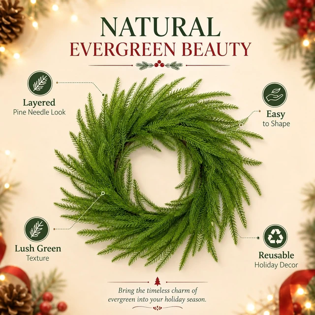 Alt view image 6 of 7 - Christmas Wreath, Realistic Pine Greenery for Front Door Decor | Layered Faux Pine Branches Bring a Full, Natural Look to Front Doors, Walls, Windows, Mantels, Entryways and Holiday Displays