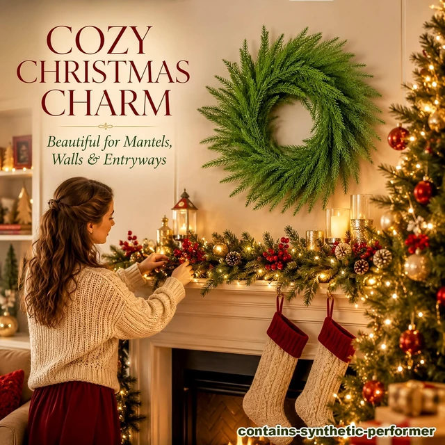 Alt view image 7 of 7 - Christmas Wreath, Realistic Pine Greenery for Front Door Decor | Layered Faux Pine Branches Bring a Full, Natural Look to Front Doors, Walls, Windows, Mantels, Entryways and Holiday Displays