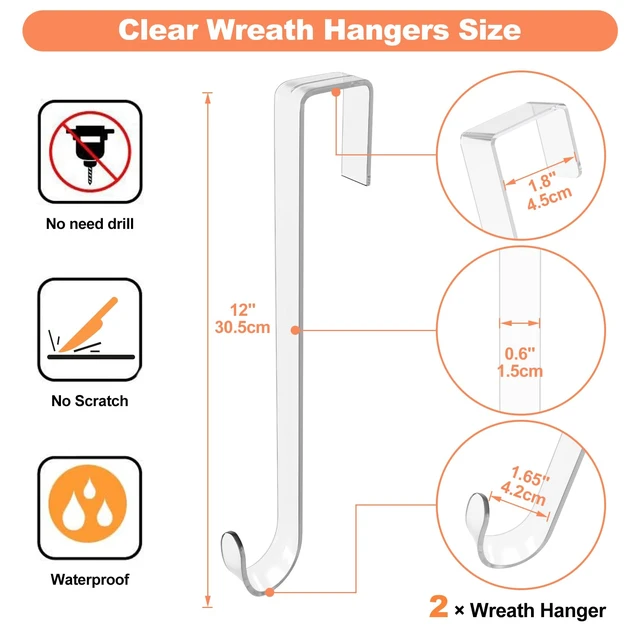 Alt view image 5 of 7 - 12" Clear Wreath Hangers for Front Door, 2 Pack Over Door Hooks Non-Scratch | For Easter, Halloween And Christmas Wreaths, Welcome Signs, Front Door, Porch, Entryway