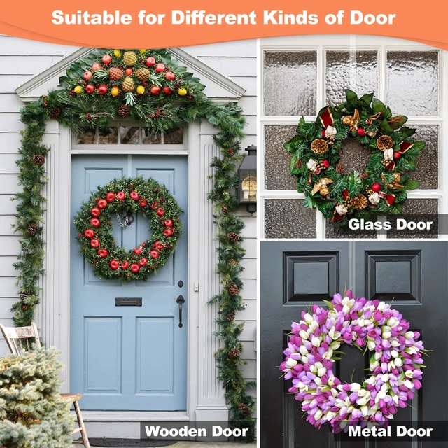 Alt view image 6 of 7 - 12" Clear Wreath Hangers for Front Door, 2 Pack Over Door Hooks Non-Scratch | For Easter, Halloween And Christmas Wreaths, Welcome Signs, Front Door, Porch, Entryway