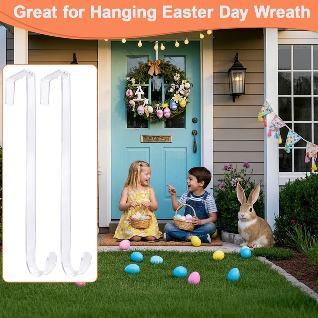 Alt view image 4 of 7 - 12" Clear Wreath Hangers for Front Door, 2 Pack Over Door Hooks Non-Scratch | For Easter, Halloween And Christmas Wreaths, Welcome Signs, Front Door, Porch, Entryway