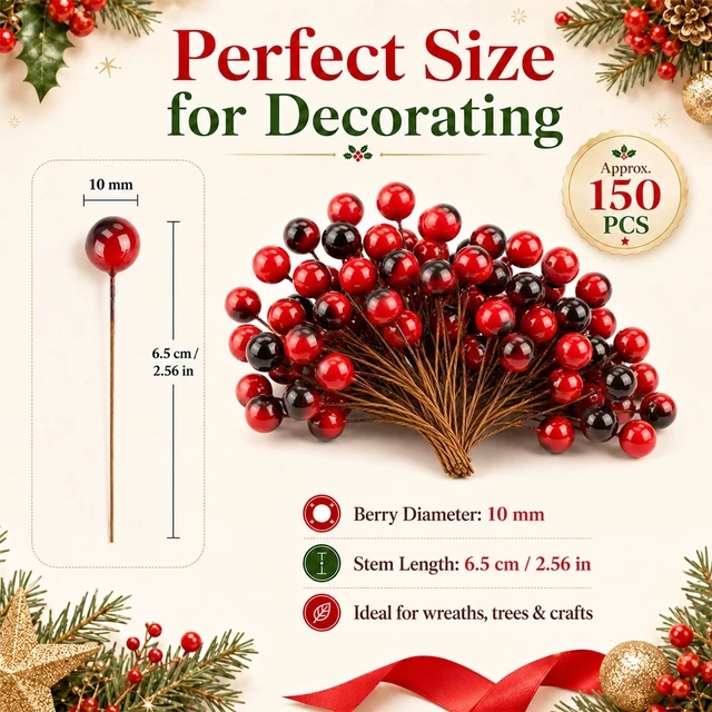 Alt view image 2 of 7 - Artificial Holly Berries - 150 Pcs Holly Berry Stems for Christmas | Red Holly Berries for Crafts, Fake Berries for Christmas Wreaths, Trees, Table Decor, Wall Displays & DIY Decor