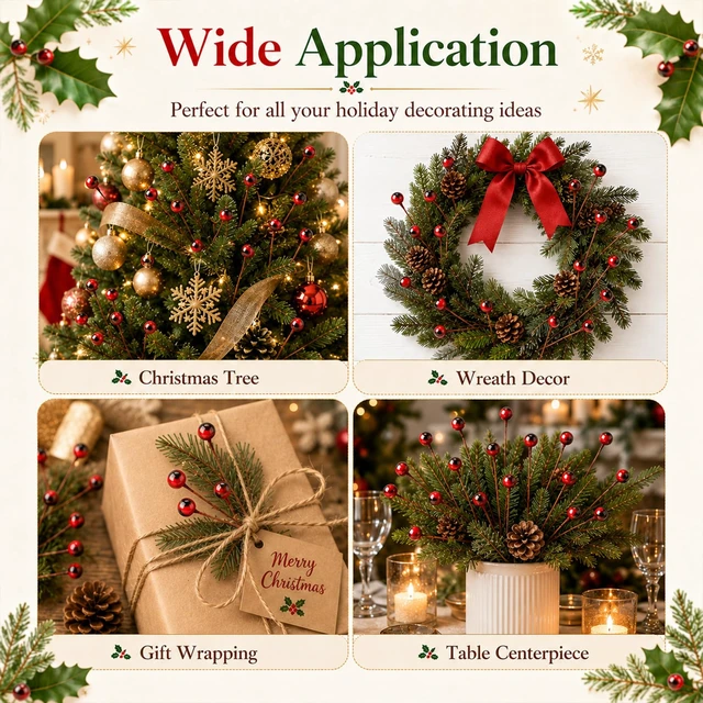 Alt view image 5 of 7 - Artificial Holly Berries - 150 Pcs Holly Berry Stems for Christmas | Red Holly Berries for Crafts, Fake Berries for Christmas Wreaths, Trees, Table Decor, Wall Displays & DIY Decor