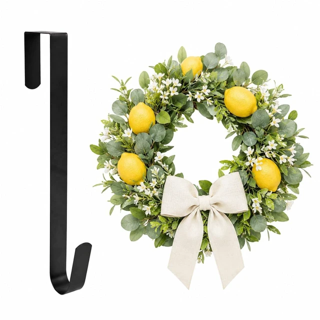 Main image of 12" Front Door Wreath Hanger, Ultra Slim Metal Over Door Hook, Damage-Free Hanging for Seasonal & Year-Round Wreaths, Fits Most Doors, Black, 1 Pack