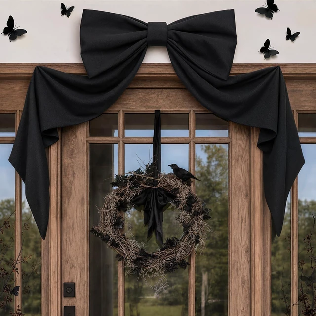 Main image of Halloween Decor - 48" x 24" Giant Black Bow for Front Door Wall Mantle | Large Bow for Front Door Decor, Halloween Wall Decorations, Indoor Room Party Decor, Christmas Tree Topper Bows
