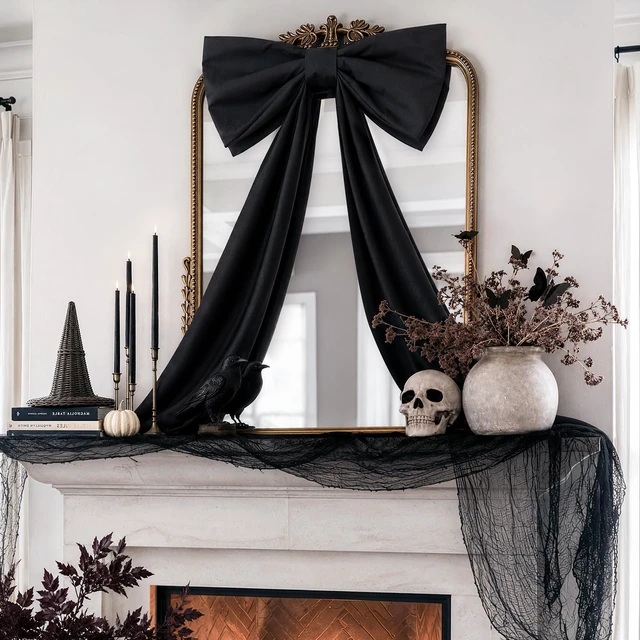 Alt view image 4 of 7 - Halloween Decor - 48" x 24" Giant Black Bow for Front Door Wall Mantle | Large Bow for Front Door Decor, Halloween Wall Decorations, Indoor Room Party Decor, Christmas Tree Topper Bows