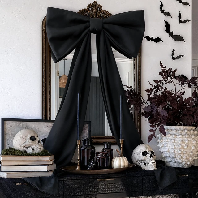 Alt view image 6 of 7 - Halloween Decor - 48" x 24" Giant Black Bow for Front Door Wall Mantle | Large Bow for Front Door Decor, Halloween Wall Decorations, Indoor Room Party Decor, Christmas Tree Topper Bows