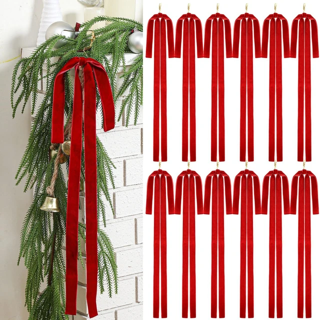 Main image of 6 Pcs Long Red Christmas Velvet Bow Ornament Vintage Tree Decor | 23.5x15.5 Inch, Large Ribbon Bows, Vintage Christmas Ornament, Swag, Staircase, Wreath, Tree Topper, Xmas Ornaments for Tree