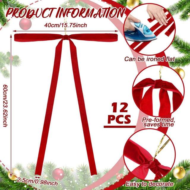 Alt view image 2 of 6 - 6 Pcs Long Red Christmas Velvet Bow Ornament Vintage Tree Decor | 23.5x15.5 Inch, Large Ribbon Bows, Vintage Christmas Ornament, Swag, Staircase, Wreath, Tree Topper, Xmas Ornaments for Tree