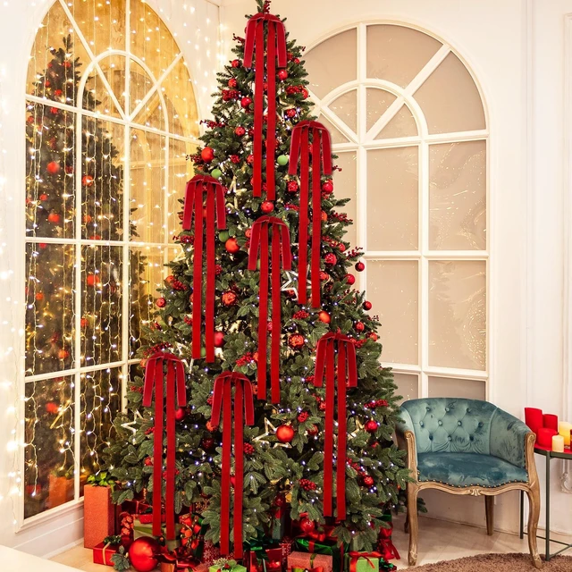 Alt view image 4 of 6 - 6 Pcs Long Red Christmas Velvet Bow Ornament Vintage Tree Decor | 23.5x15.5 Inch, Large Ribbon Bows, Vintage Christmas Ornament, Swag, Staircase, Wreath, Tree Topper, Xmas Ornaments for Tree
