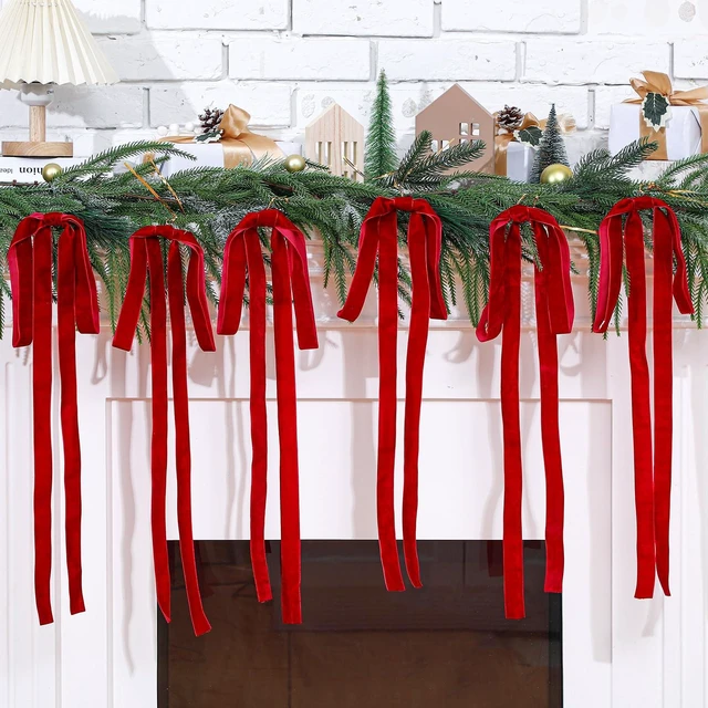Alt view image 3 of 6 - 6 Pcs Long Red Christmas Velvet Bow Ornament Vintage Tree Decor | 23.5x15.5 Inch, Large Ribbon Bows, Vintage Christmas Ornament, Swag, Staircase, Wreath, Tree Topper, Xmas Ornaments for Tree