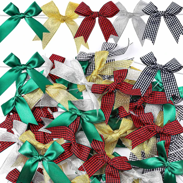 Main image of Christmas Bows, 50 PCS Twist Tie Christmas Tree Bow, 3.3 Inch Buffalo Plaid Bows Glitter Gold Silver Bow for Crafts, for Christmas Decor, Gift Wrapping, Party